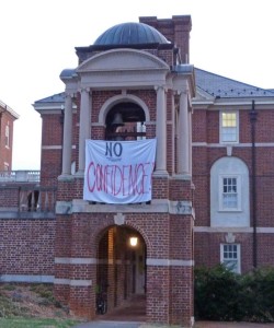 A "No Confidence" banner hangs off the Sweet Briar bell tower - a symbolic heart of campus.