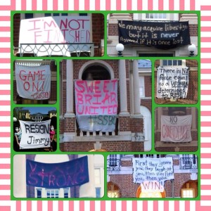 Banners protesting the closure and leadership hung from balconies, the bell tower and buildings.