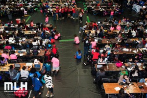 A view of a hackathon from above.